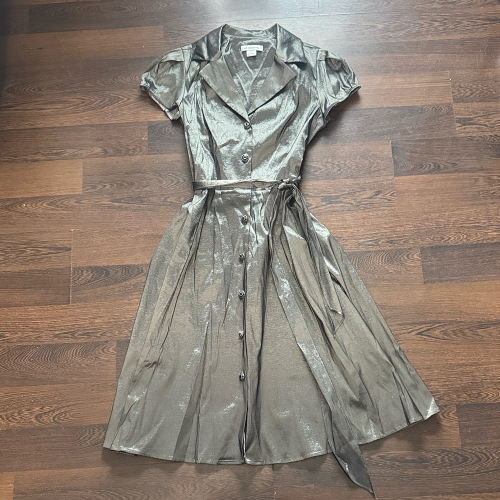 Liz Claiborne Metallic Tafetta Button Down Dress Silver 14